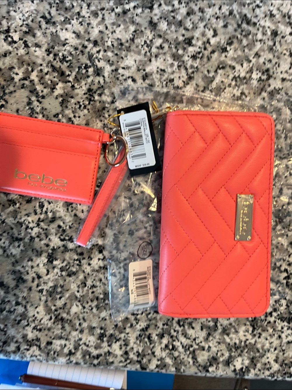 bebe Coral Quilted Zip Wallet with Cardholder and Wristlet